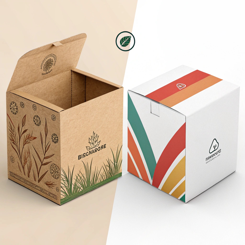 A side-by-side comparison of an identical box, one in natural Kraft and one in white