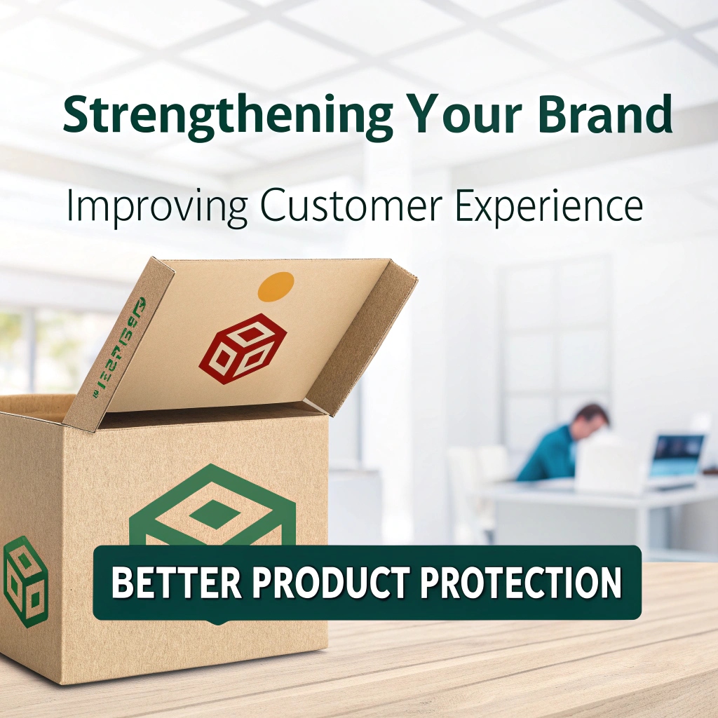 An "unboxing experience" photo with a custom branded box, tissue paper, and a product inside